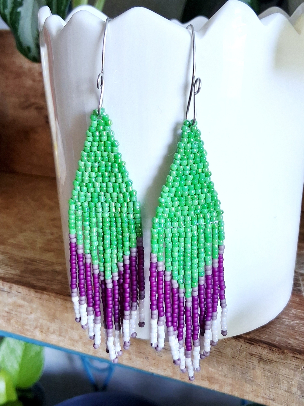 Handmade Green & Purple Beaded Fringe Earrings for Women
